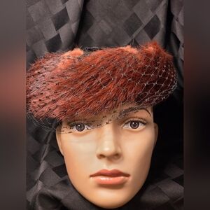 Vtg Eva Mae Modes Pill Box Netting, Reddish/Brown Fur/Fur-Like 50s/60s Era Hat